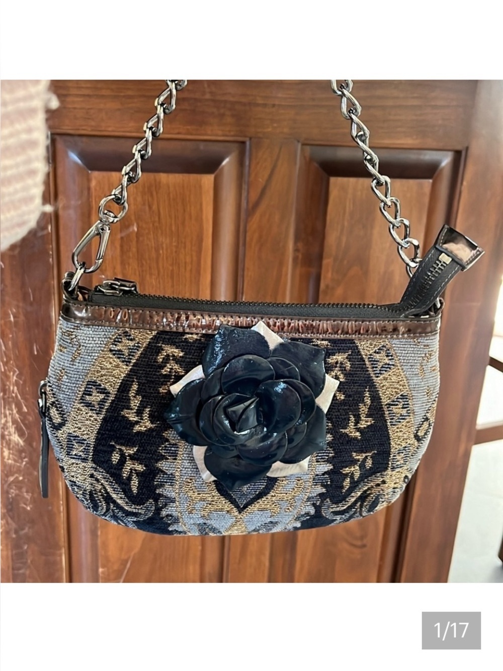 Sharif Tapestry Satchel navy/gold expanding bottom velvety gunmetal NWOT